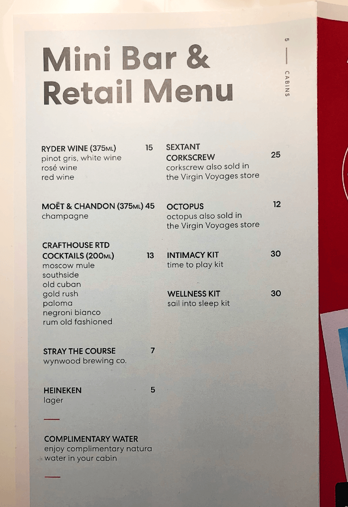 Virgin Voyages Mini Bar Menu