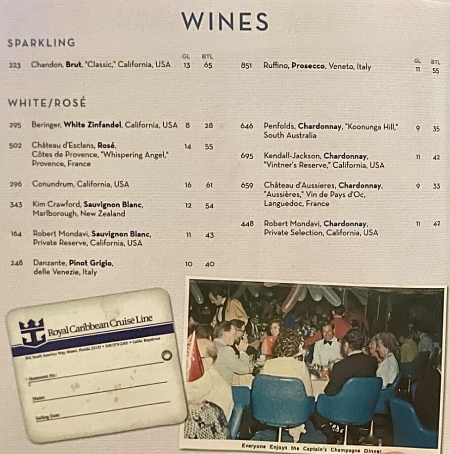 Royal Caribbean wine menu