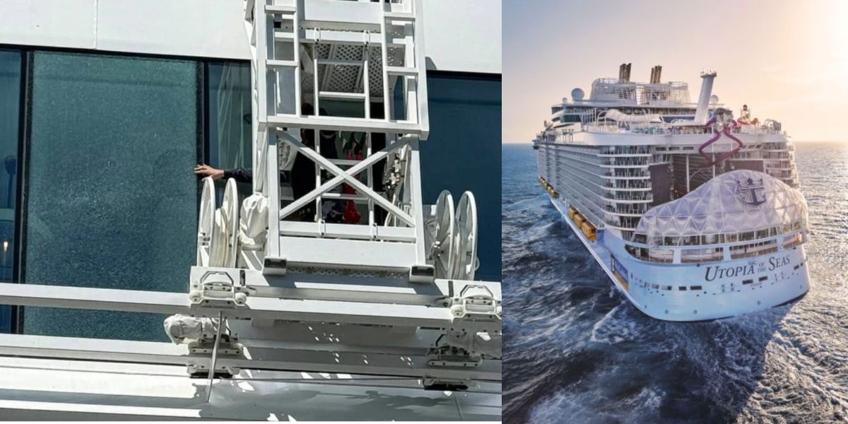 The image is split into two parts. On the left, a close-up shows a worker's hand reaching out from a scaffolding or maintenance platform next to a large glass window on a cruise ship. On the right, the full exterior of the Utopia of the Seas, a Royal Caribbean cruise ship, is shown sailing through the ocean under clear skies.