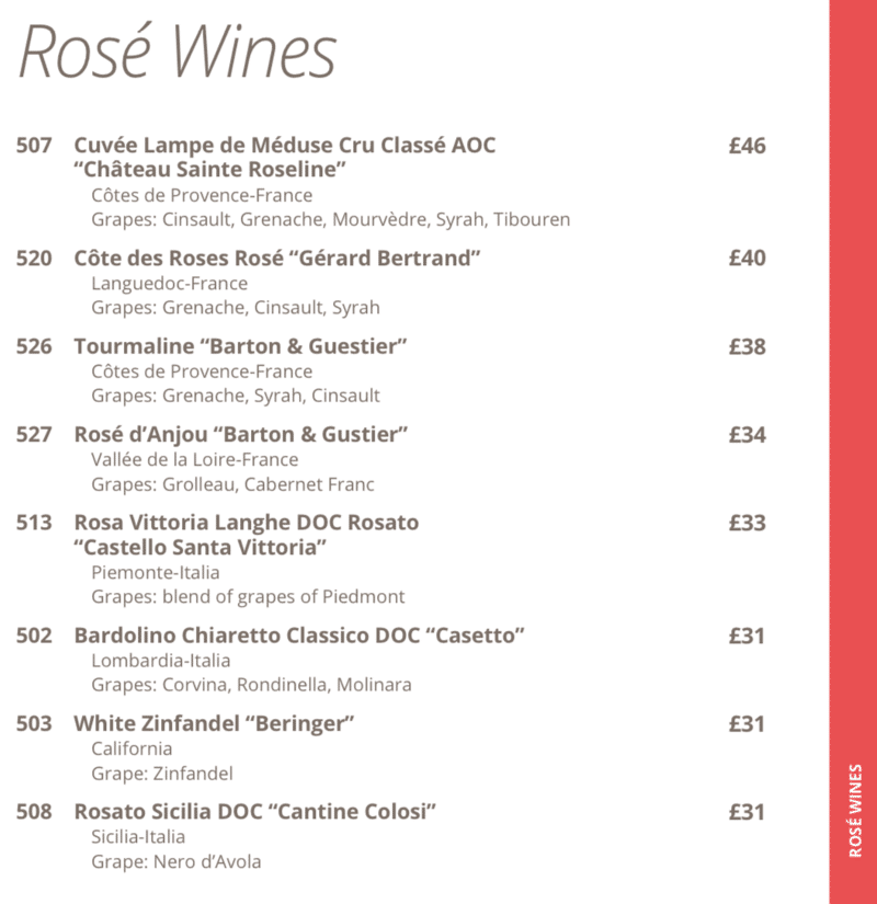 MSC Cruises rose wine list