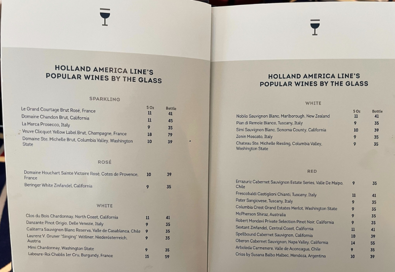 Wine menu on Holland America Line cruise