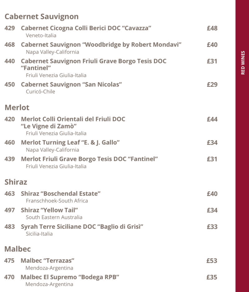 MSC Cruises red wine list