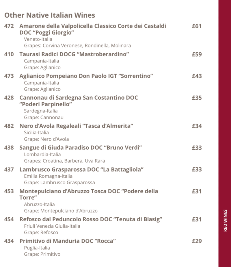 MSC Cruises red wine list