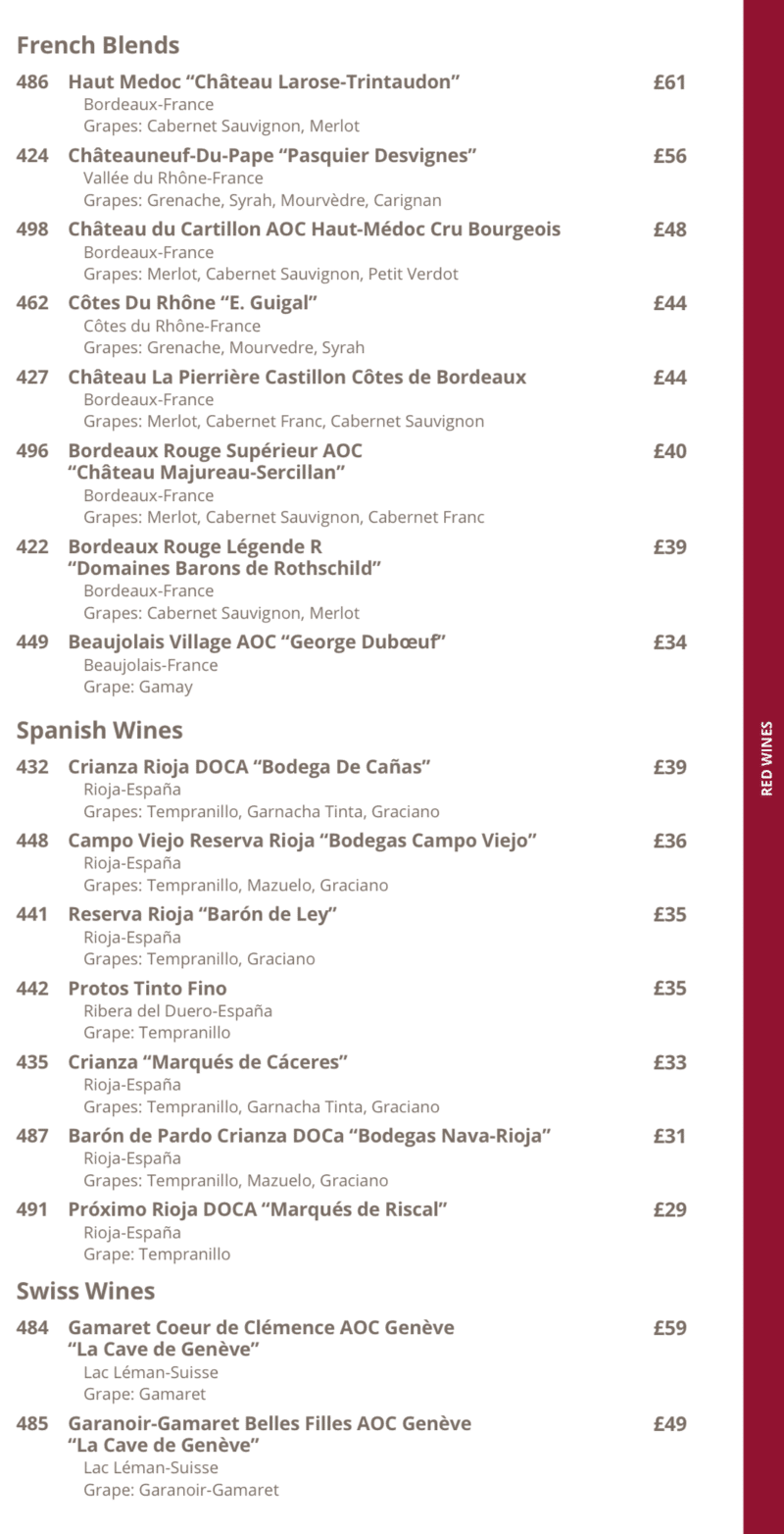 MSC Cruises red wine list