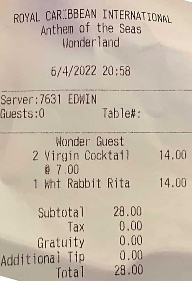 Receipt after eating from wonderland