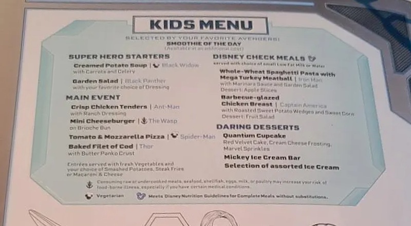Worlds of Marvel Kids Menu Disney Wish