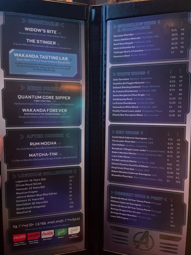 Worlds of Marvel Drinks Menu