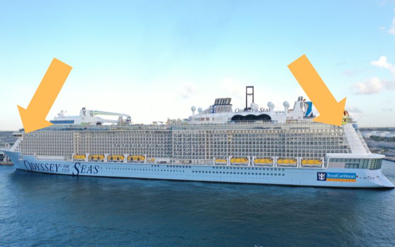 Odyssey of the Seas with arrows pointing to the forward and aft locations on high decks that are worst for seasickness