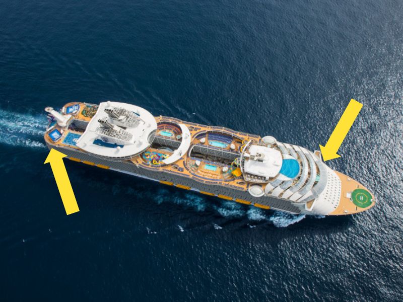 Aerial photo of the 'Symphony of the Seas' with arrows pointing to specific areas, potentially highlighting rooms considered less desirable on the cruise ship.
