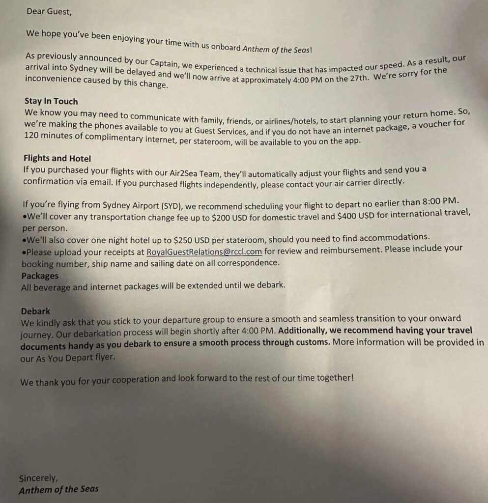 Anthem of the Seas letter to guests