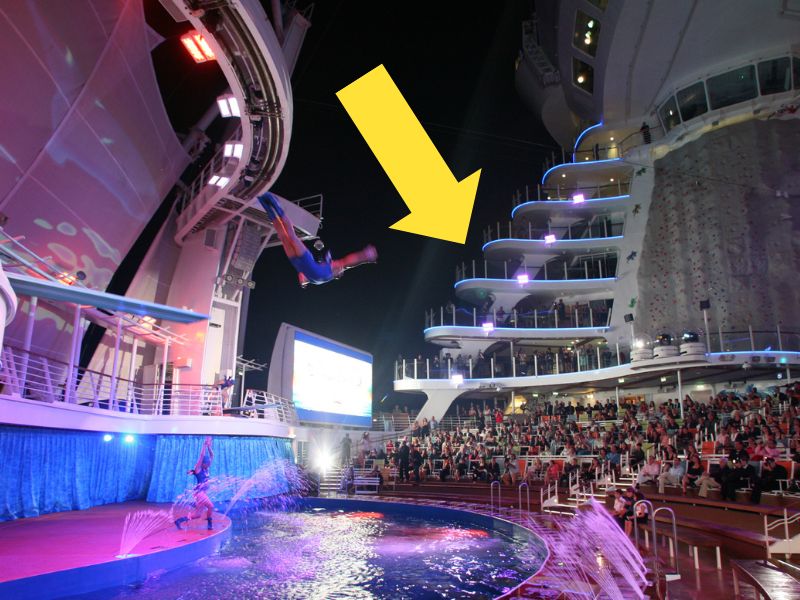 High-diving performance at the AquaTheater on Oasis of the Seas, with an athlete mid-dive above the pool, illuminated by stage lights, and an audience in the background.Yellow arrow pointing to the suite balconies.