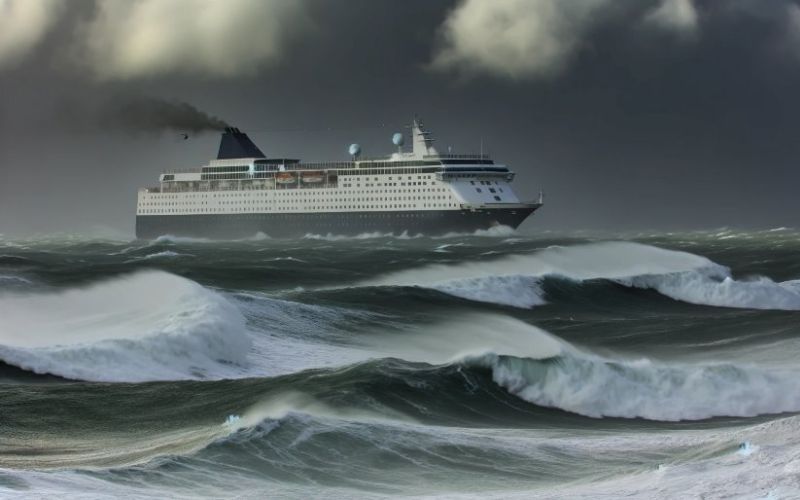 This image portrays a large cruise ship navigating through stormy seas, with dramatic dark clouds overhead and turbulent waves surrounding it. The ship, amidst powerful white-capped waves, gives a sense of resilience and stability despite the challenging weather conditions. This dynamic scene captures the dramatic and somewhat perilous beauty of sea travel during a storm.