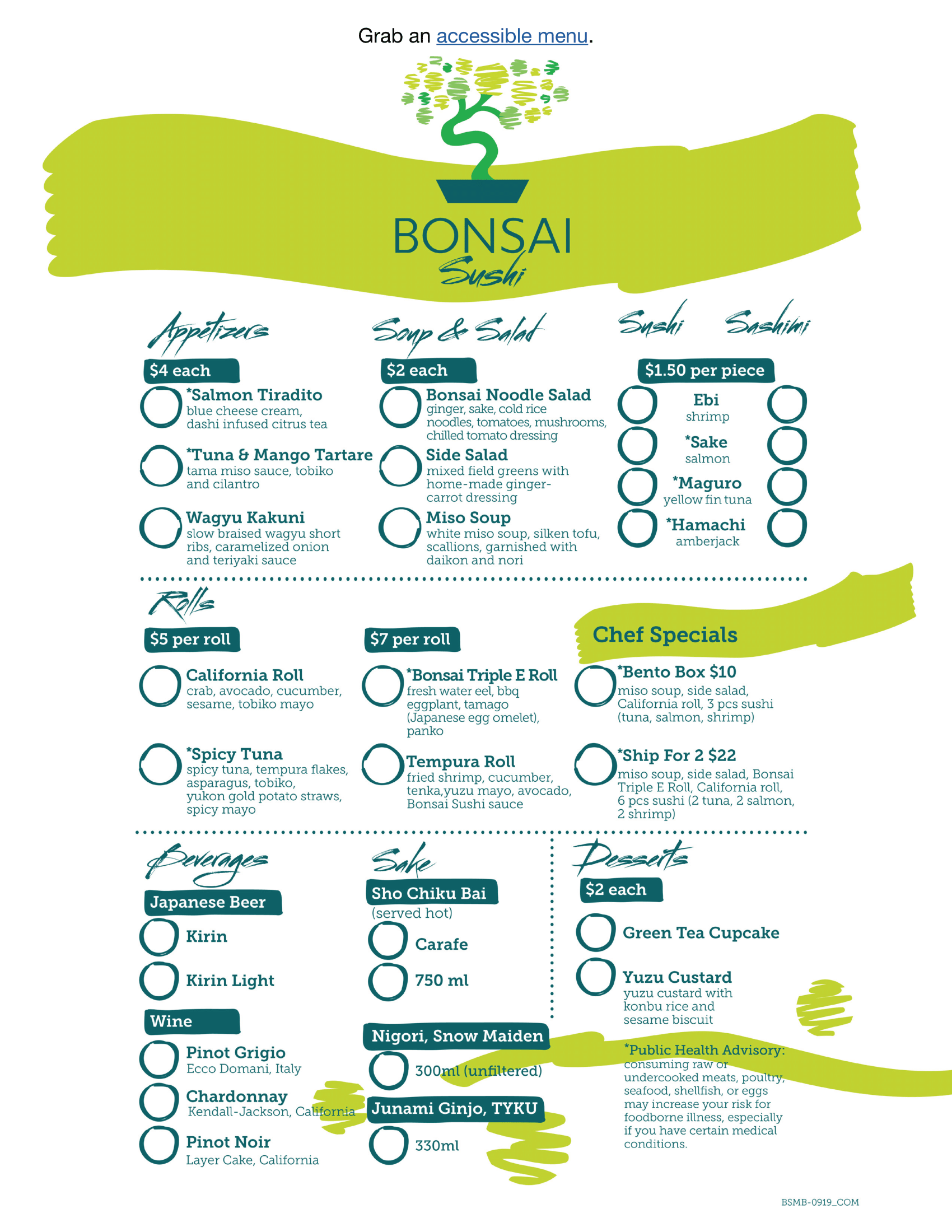 Carnival Bonsai Sushi lunch and dinner menu