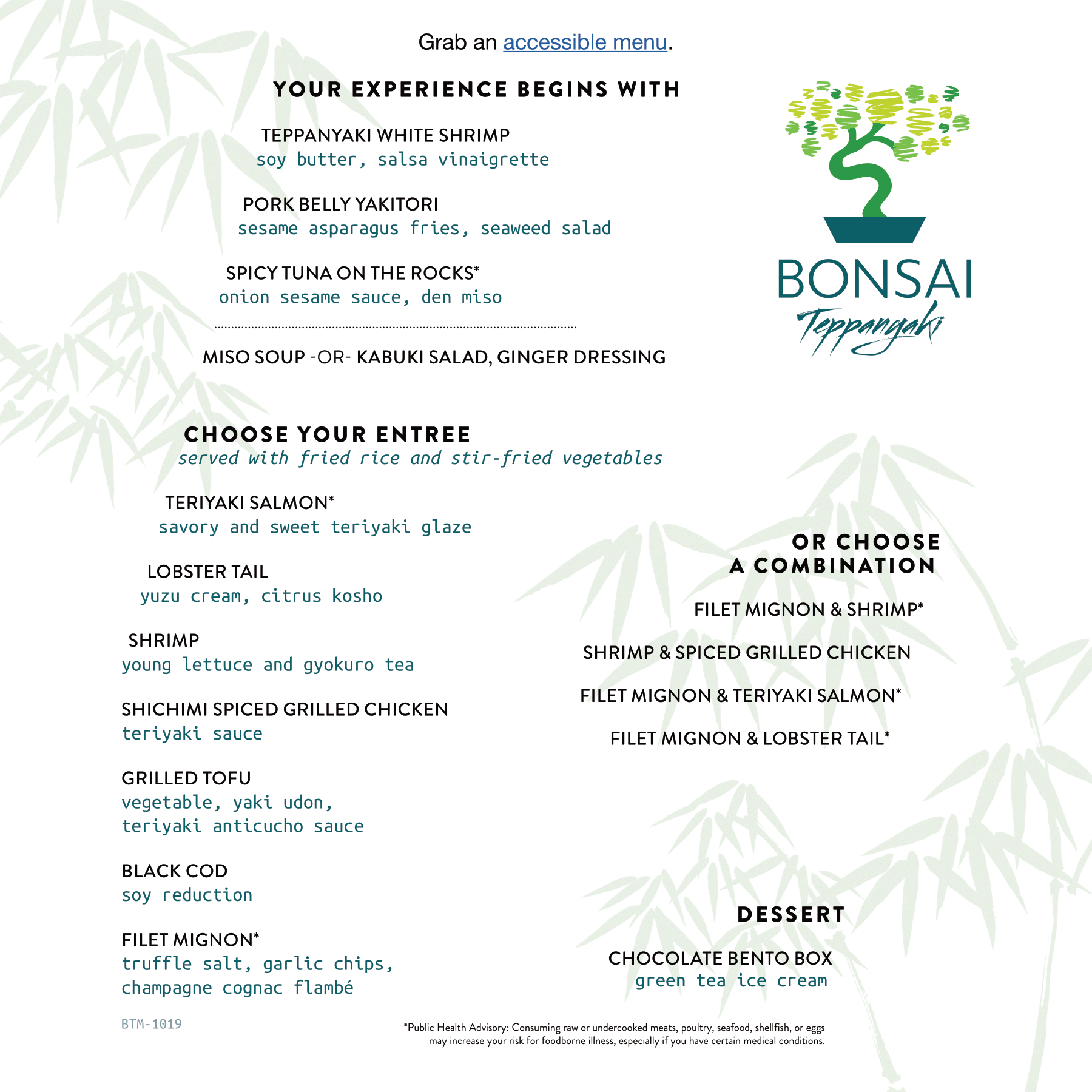 Carnival Bonsai Teppanyaki lunch and dinner menu