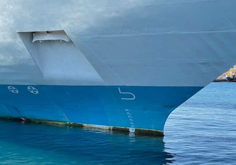Bow of a cruise ship with draft marks
