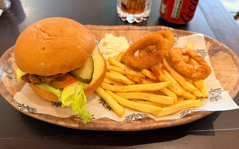 Burger served with chips, onion rings and coleslaw on a lined tray.