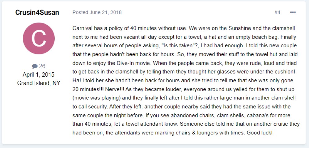 “If you see abandoned chairs, clam shells, cabana's for more than 40 minutes, let a towel attendant know.”