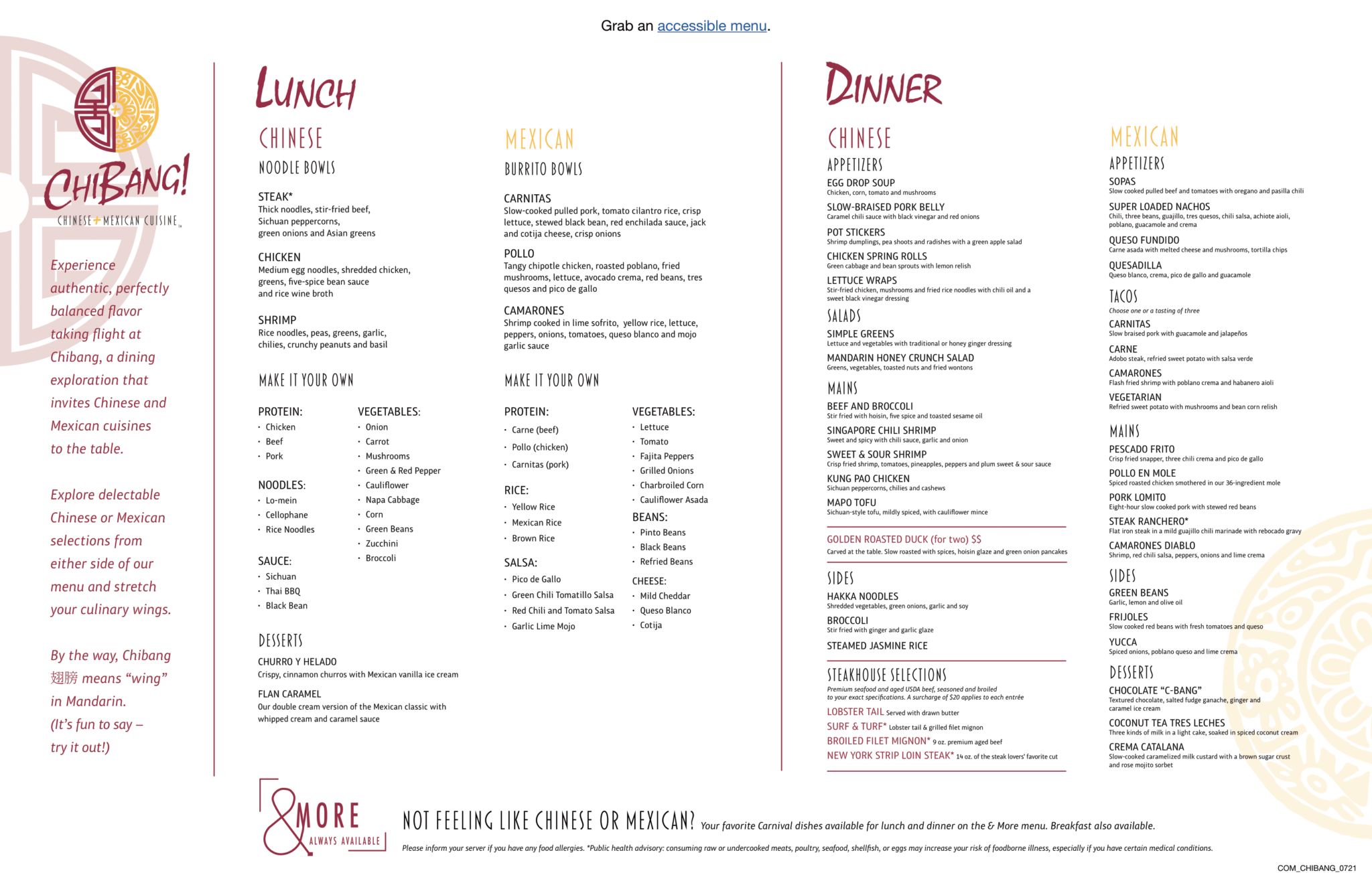 Carnival Chibang! lunch and dinner menu