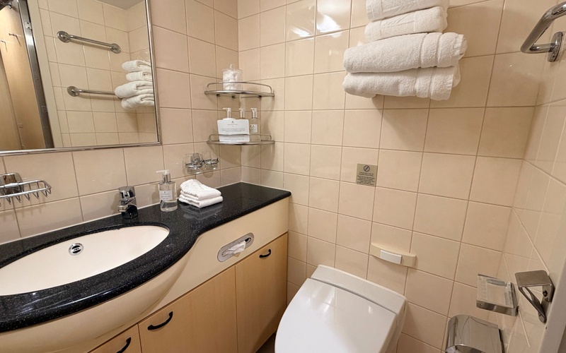 Cruise cabin bathroom with a sink, mirror, toilet and neatly stacked towels.