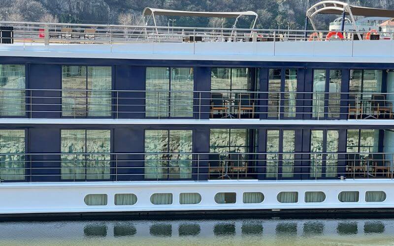 River cruise ship with cabins below the water