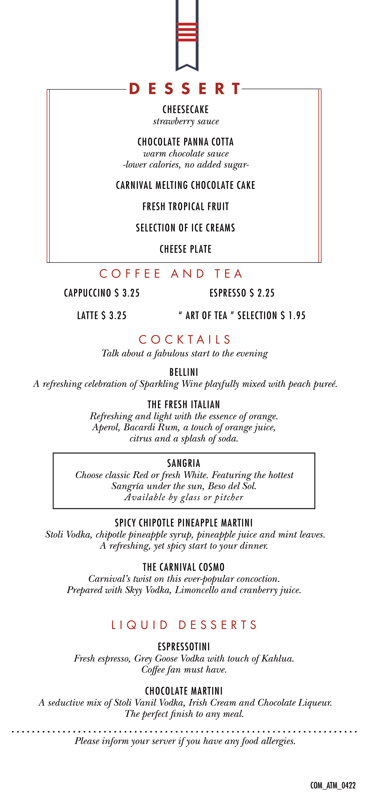 Carnival main dining room dinner menu