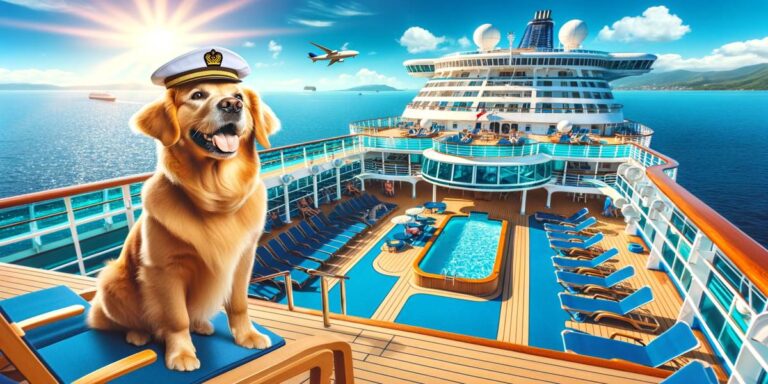 A golden retriever wearing a captain's hat is seated on the deck of a cruise ship, with sun loungers and a swimming pool in the foreground and the open sea with other ships in the background. The scene is sunny with a clear blue sky, and an airplane is visible in the distance, suggesting a bustling vacation atmosphere.