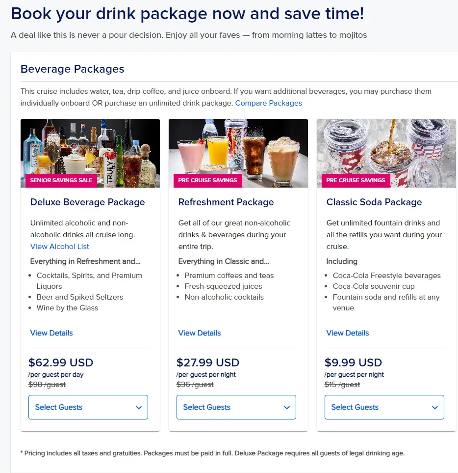 Royal Caribbean drink package prices screenshot from online booking