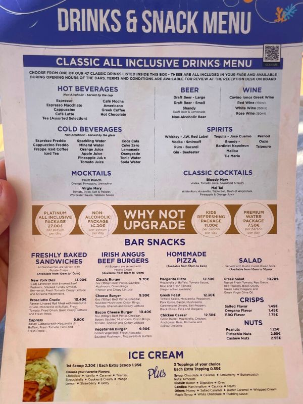 Celestyal Olympia's drinks and snack menu