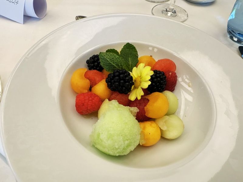 A refreshing fruit salad with an assortment of melons, berries, and a scoop of lime sorbet, artistically garnished with a yellow flower and mint, served in a simple yet elegant white bowl.