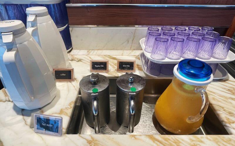 Free hot water, coffee, regular milk, skim milk and orange juice on Princess cruise ship