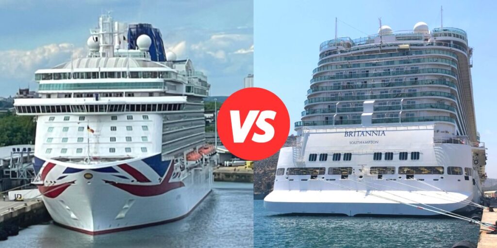 The image features a side-by-side comparison of two cruise ships, with the left side showing the front view of a P&O cruise ship adorned with a blue and red livery, and the right side displaying the stern of P&O Britannia docked at a port. The "vs" symbol in red divides the two images, emphasizing the contrast between the bow and the aft of these large, multi-deck cruise ships.