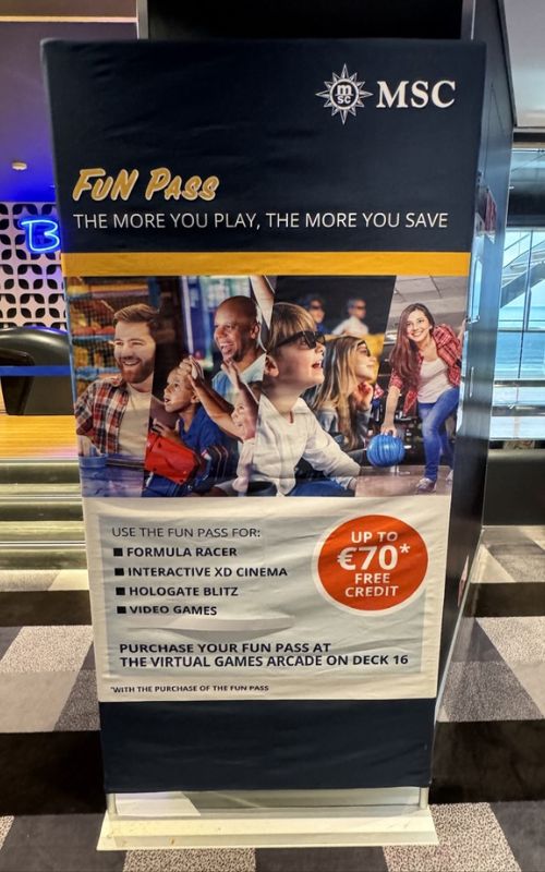 Promotional standee for msc's fun pass, highlighting various entertainment options and a savings offer on board a cruise ship.