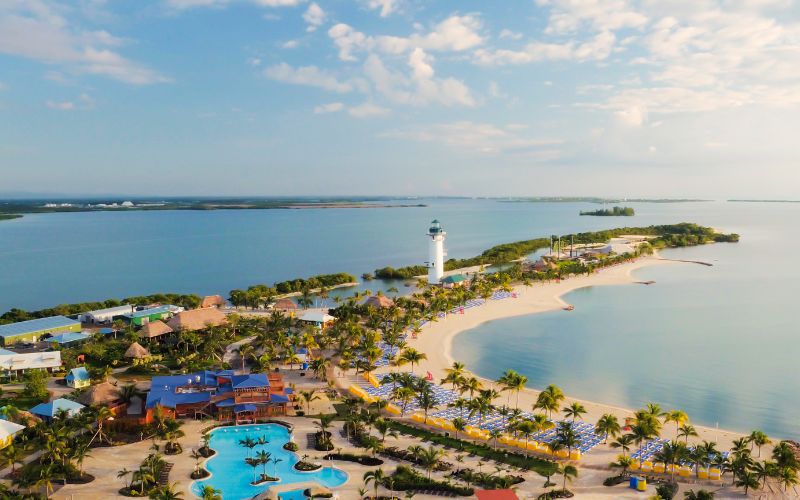 Aerial view of Harvest Caye private island