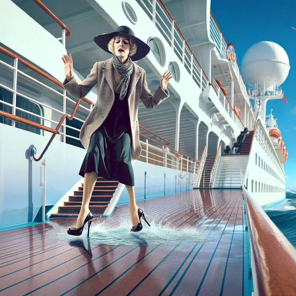 a woman wearing high heels on the wet and slippy deck of a cruise ship