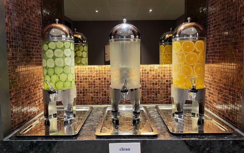 Free iced water flavoured with fresh cucumber and orange slices on Princess cruise ship