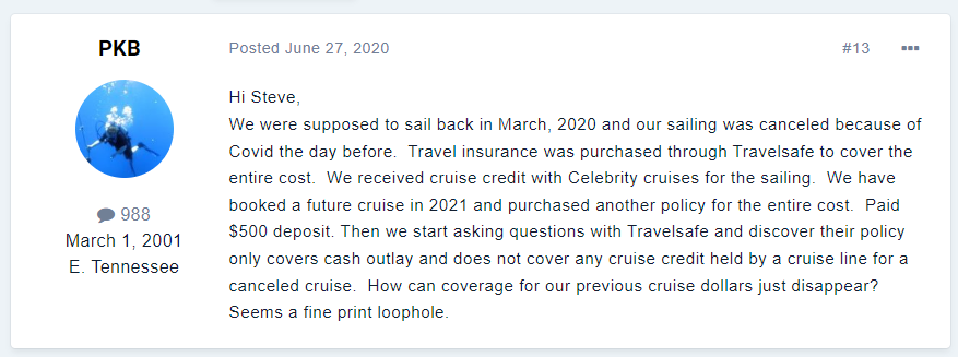Screenshot of a forum post by user PKB, dated June 27, 2020, discussing issues with travel insurance coverage for a cruise canceled due to COVID-19. The user avatar shows a stylized white dandelion on a blue background.