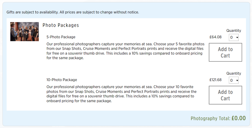 Princess Cruises photo package price