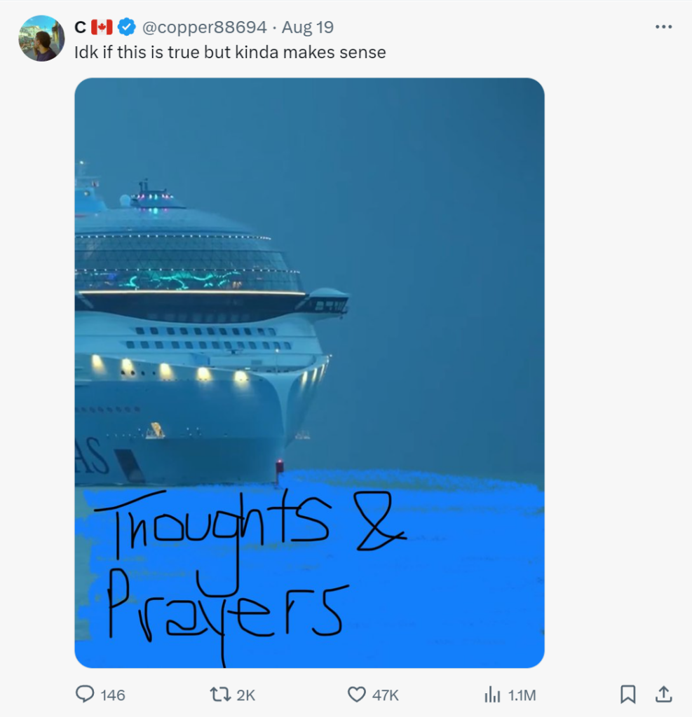 An image of a cruise ship being held up by the words "Thoughts and prayers"