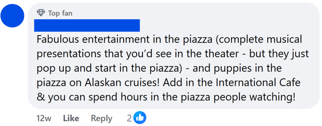 Fabulous entertainment in the piazza (complete musical presentations that you’d see in the theater - but they just pop up and start in the piazza) - and puppies in the piazza on Alaskan cruises! Add in the International Cafe & you can spend hours in the piazza people watching!