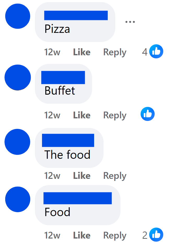 Four separate Facebook comments all talking about the food being the best thing on Princess