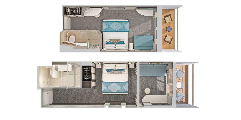 Top-down view of a two-dimensional layout for a studio apartment, showcasing two variations. The upper layout features an open-plan bedroom with a queen-sized bed, an attached bathroom, and a kitchenette with bar seating. The lower layout presents a similar bedroom and kitchenette, with the addition of a small dining area and a dedicated workspace with a desk.