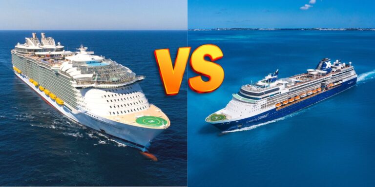 A comparative image featuring two cruise ships side by side on a bright sunny day, with the left showcasing a modern, massive cruise liner with multiple decks and the right depicting a smaller, classic cruise ship, both sailing on the deep blue sea. A large 'VS' in orange is centered between them, indicating a visual versus comparison.