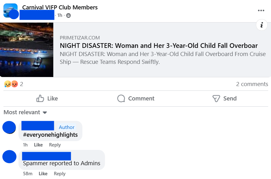 Fake news on a cruise social media page