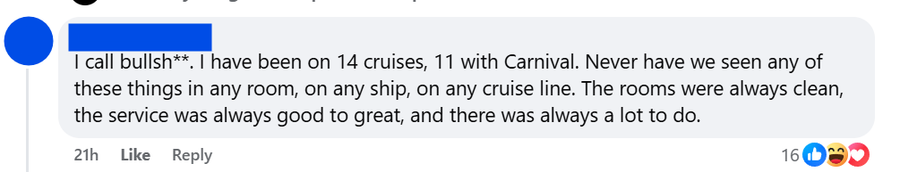 "I call bullsh**. I have been on 14 cruises, 11 with Carnival. Never have we seen any of these things in any room, on any ship, on any cruise line. The rooms were always clean, the service was always good to great, and there was always a lot to do."