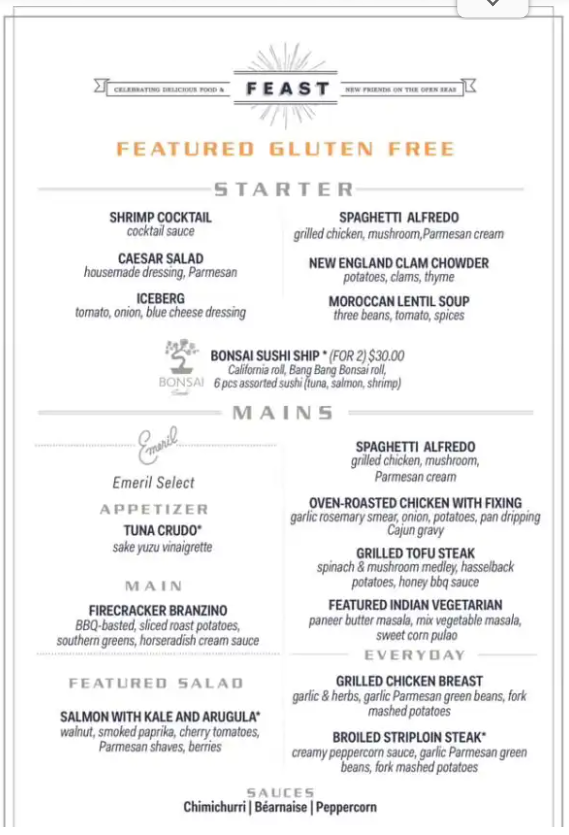 Carnival Main Dining Room Gluten Free Menu