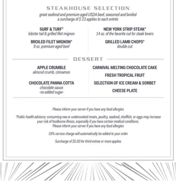 Carnival Main Dining Room Gluten Free Menu