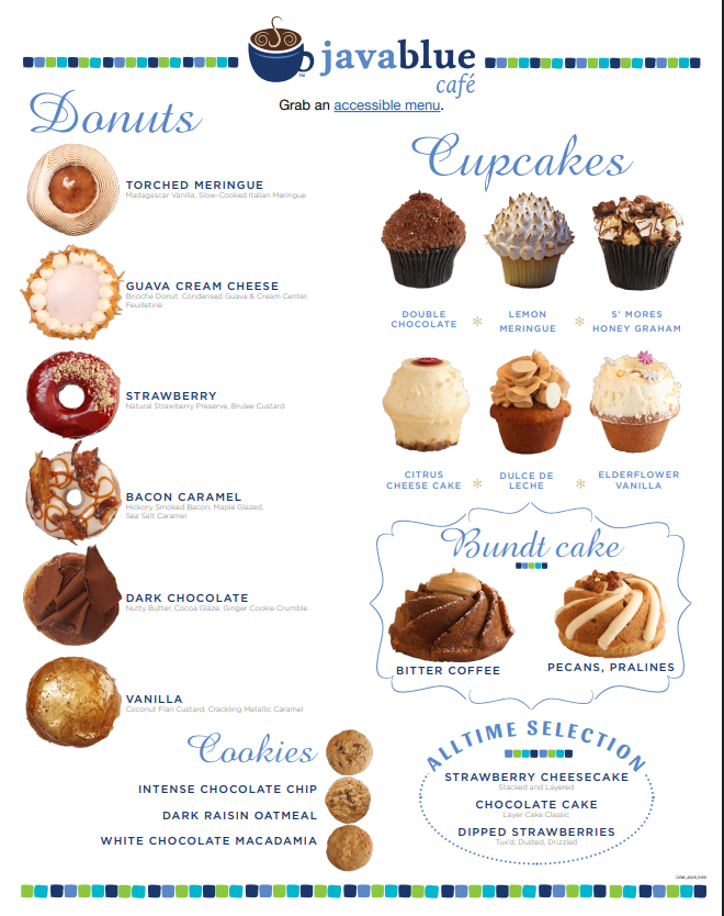 Javablue cafe dessert menu