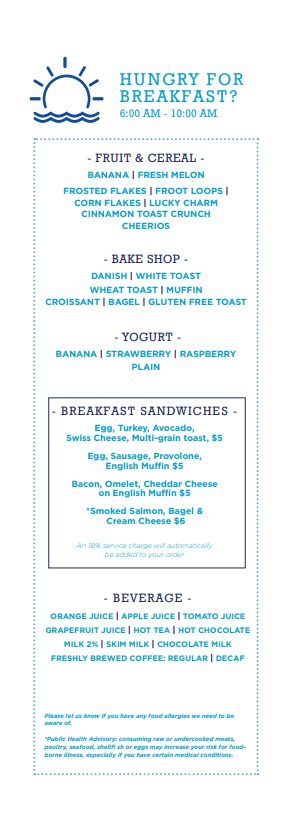 Room service breakfast menu Carnival