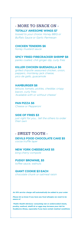 Room service snack and dessert menu Carnival