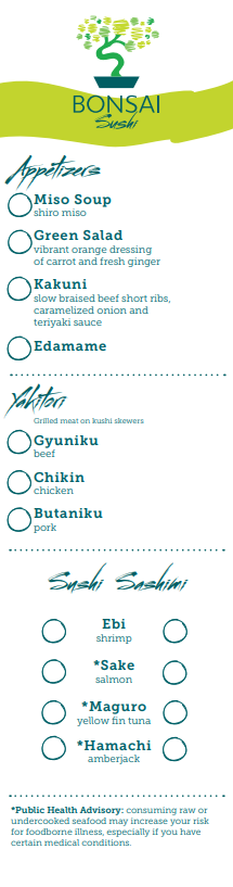 Bonsai Sushi Menu